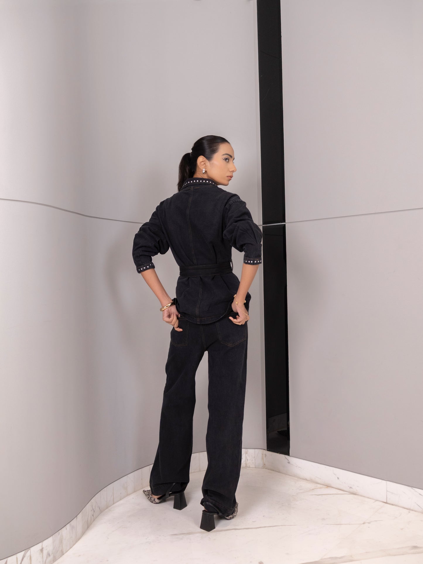 Obsidian Fur-Cuff Wrap Denim Co-Ord Set