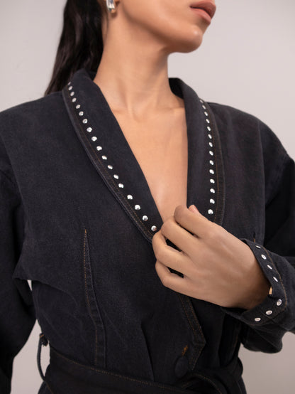 Obsidian Fur-Cuff Wrap Denim Co-Ord Set