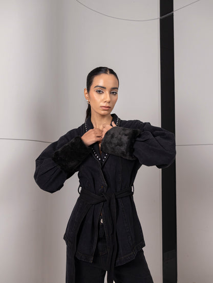 Midnight Edge Fur-Detail Denim Set