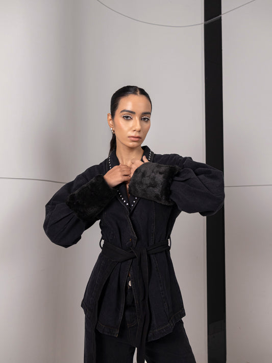 Midnight Edge Fur-Detail Denim Set