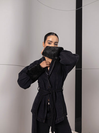Midnight Edge Fur-Detail Denim Set