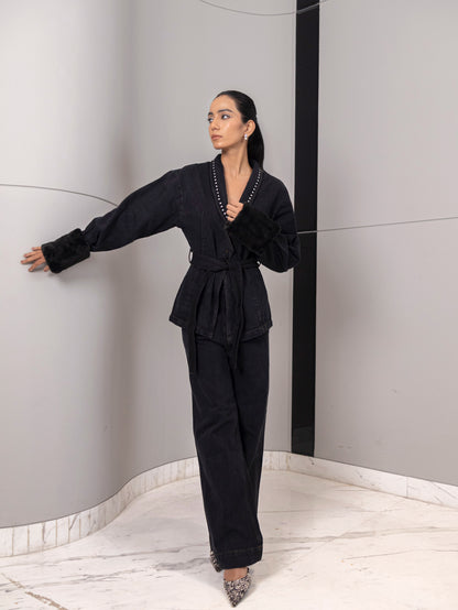 Midnight Edge Fur-Detail Denim Set