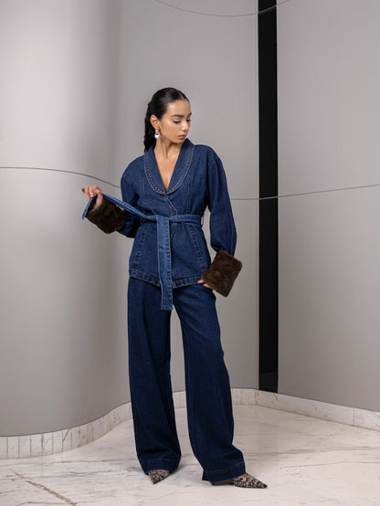 Indigo Eclipse Fur-Cuff Denim Co-Ord Set