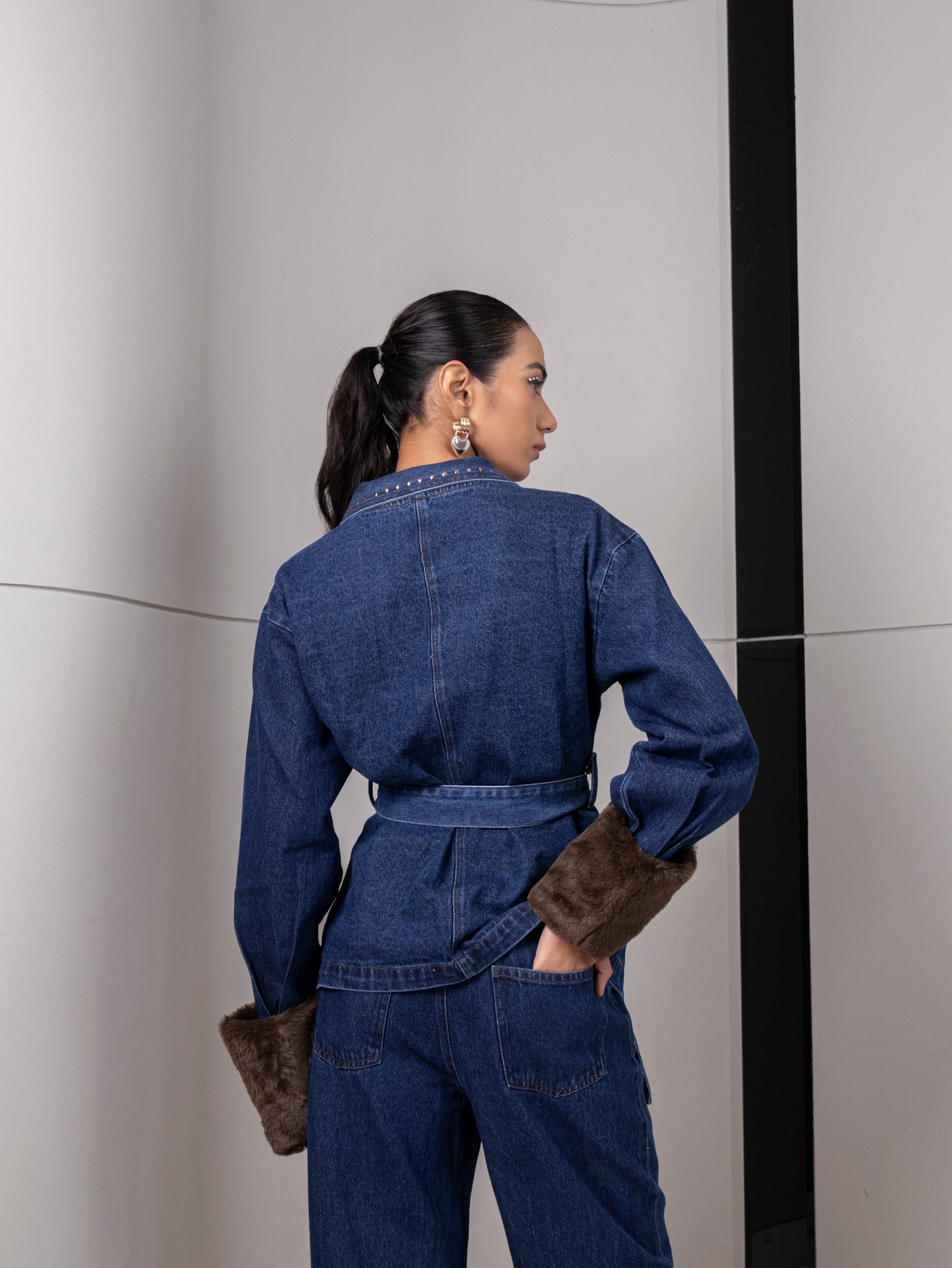 Indigo Eclipse Fur-Cuff Denim Co-Ord Set