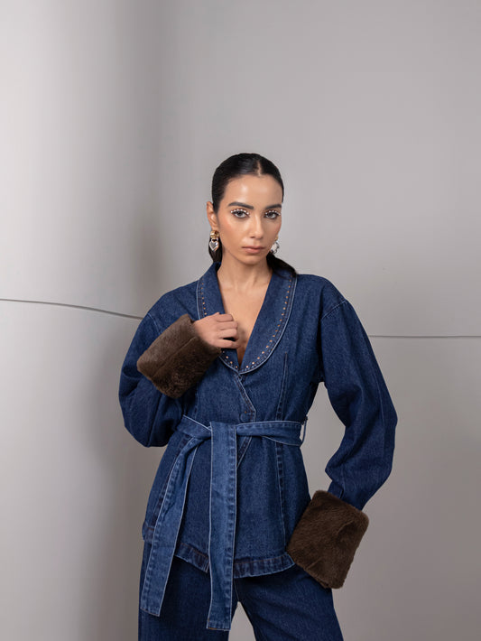 Indigo Eclipse Fur-Cuff Denim Co-Ord Set