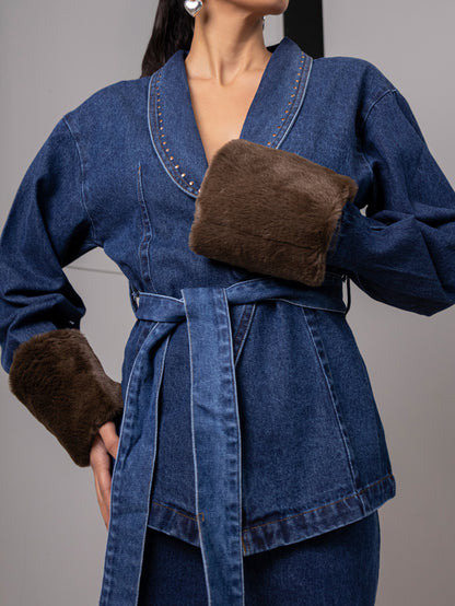 Indigo Eclipse Fur-Cuff Denim Co-Ord Set