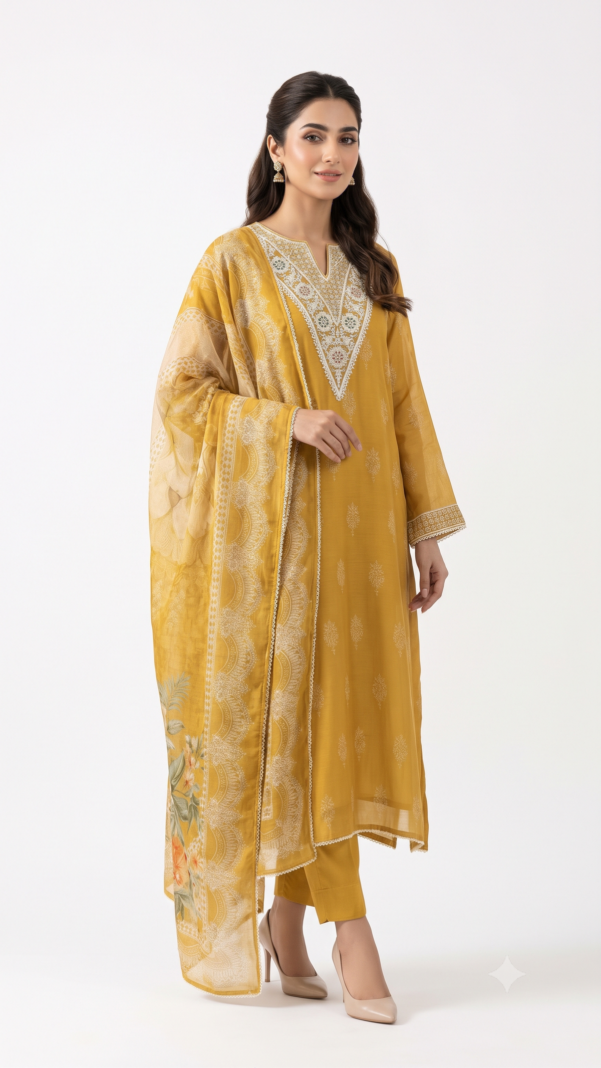 Mustard Yellow Embroidered Suit Set