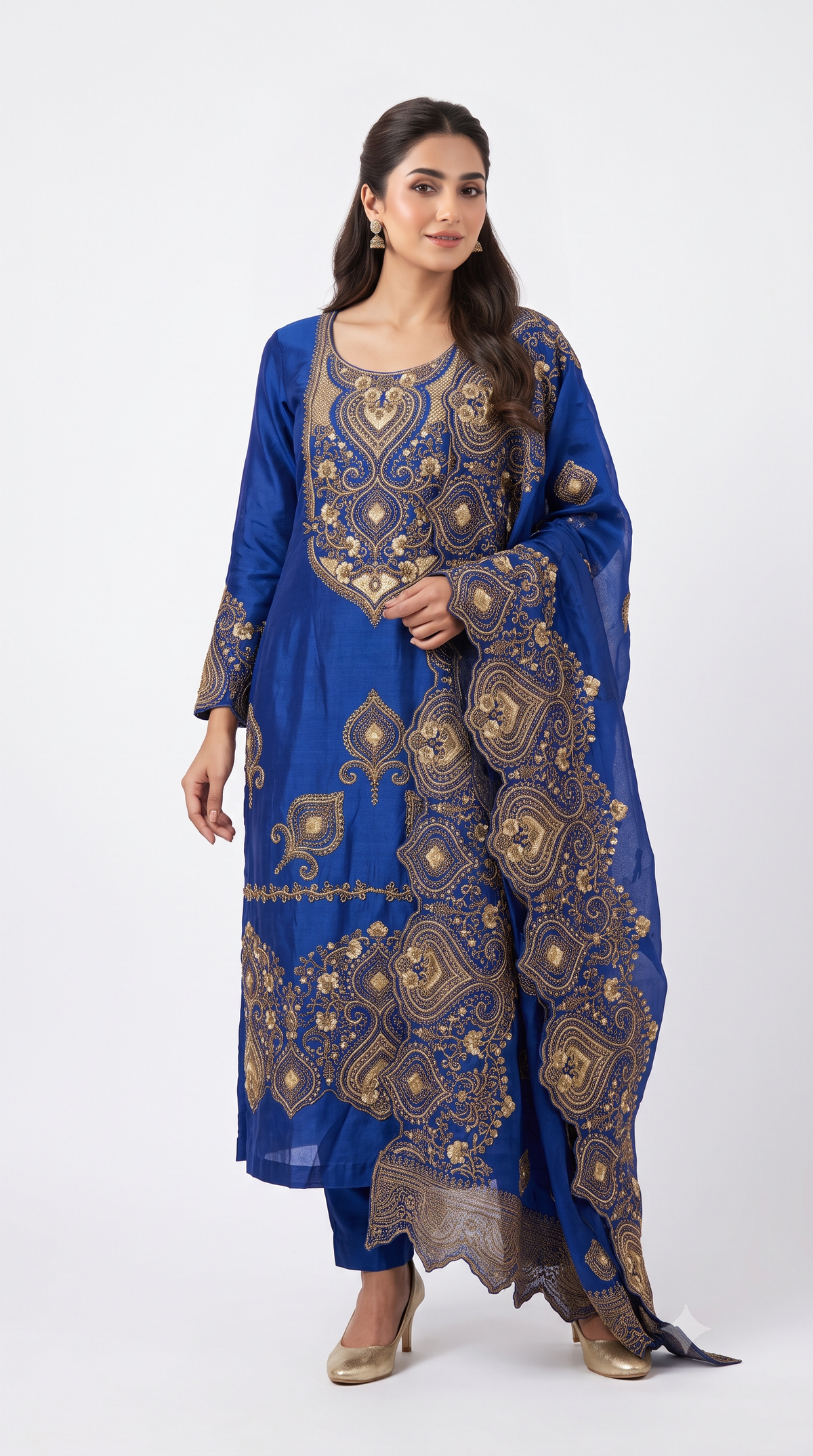 Royal Blue Embroidered Silk Suit Set