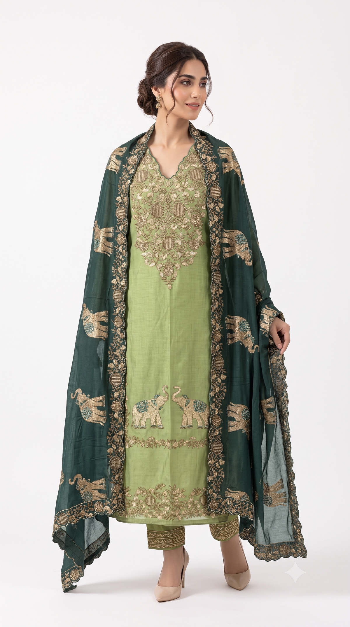 Olive Green & Emerald Elephant Motif Embroidered Suit Set