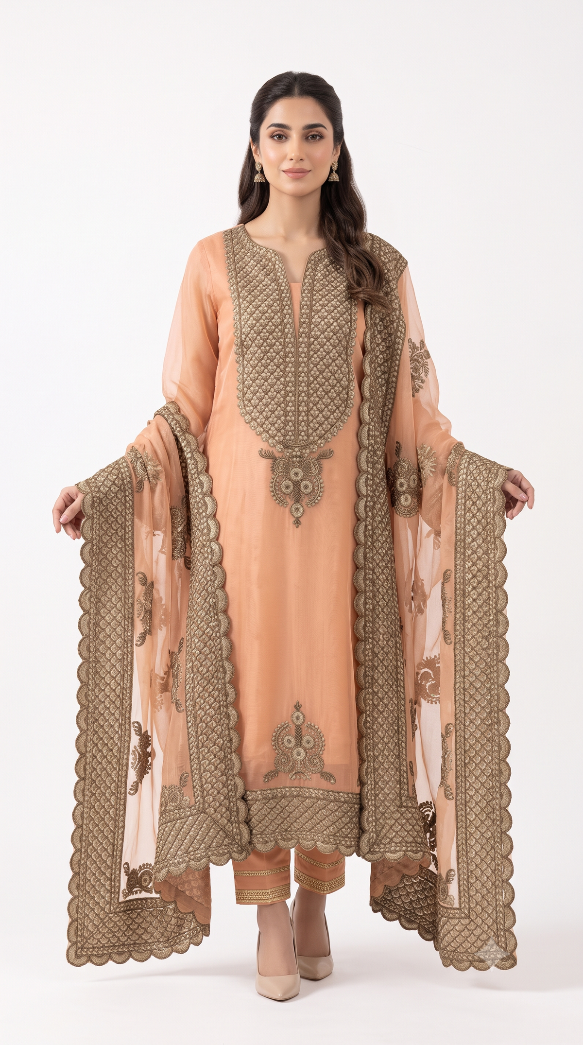 Peach Gold Embroidered Organza Suit Set