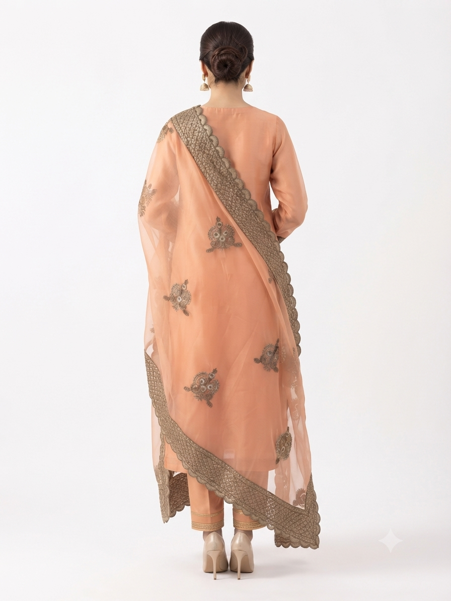 Peach Gold Embroidered Organza Suit Set