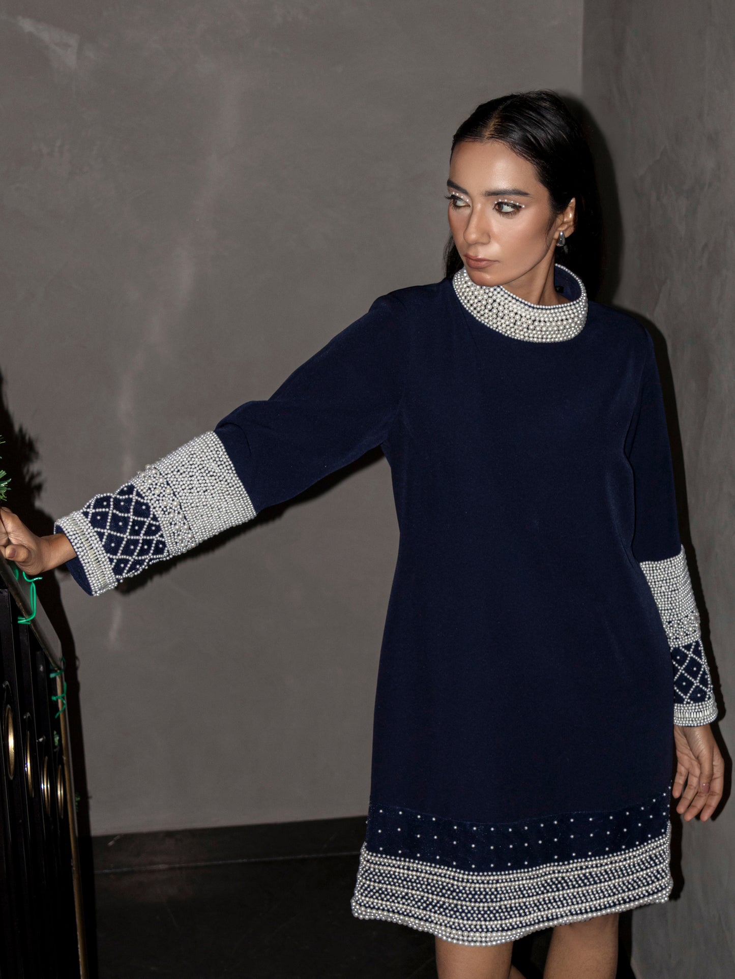 Midnight Pearl Embellished Shift Dress