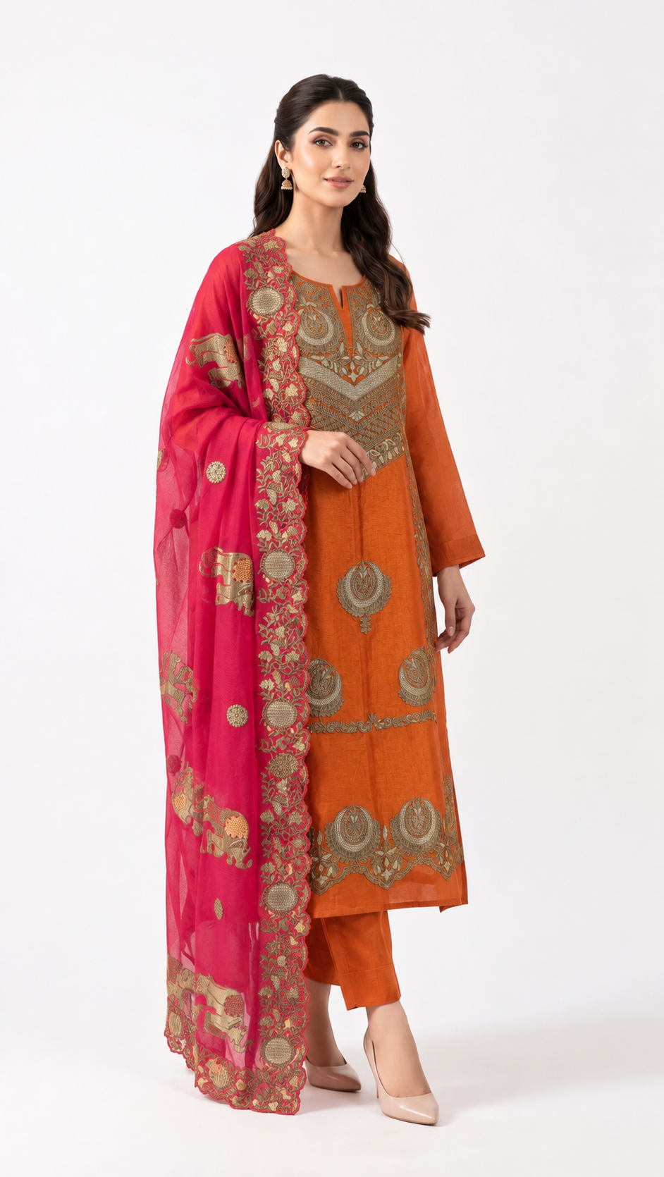 Terracotta Orange & Pink Embroidered Suit Set