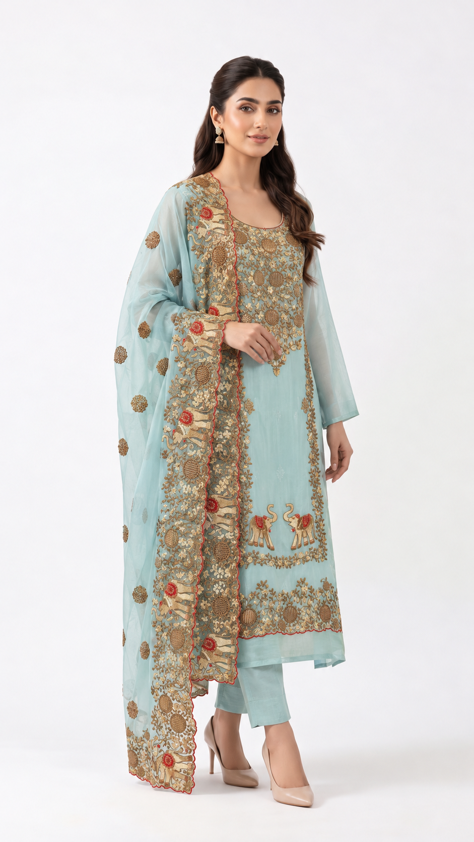 Powder Blue Elephant Motif Embroidered Suit Set