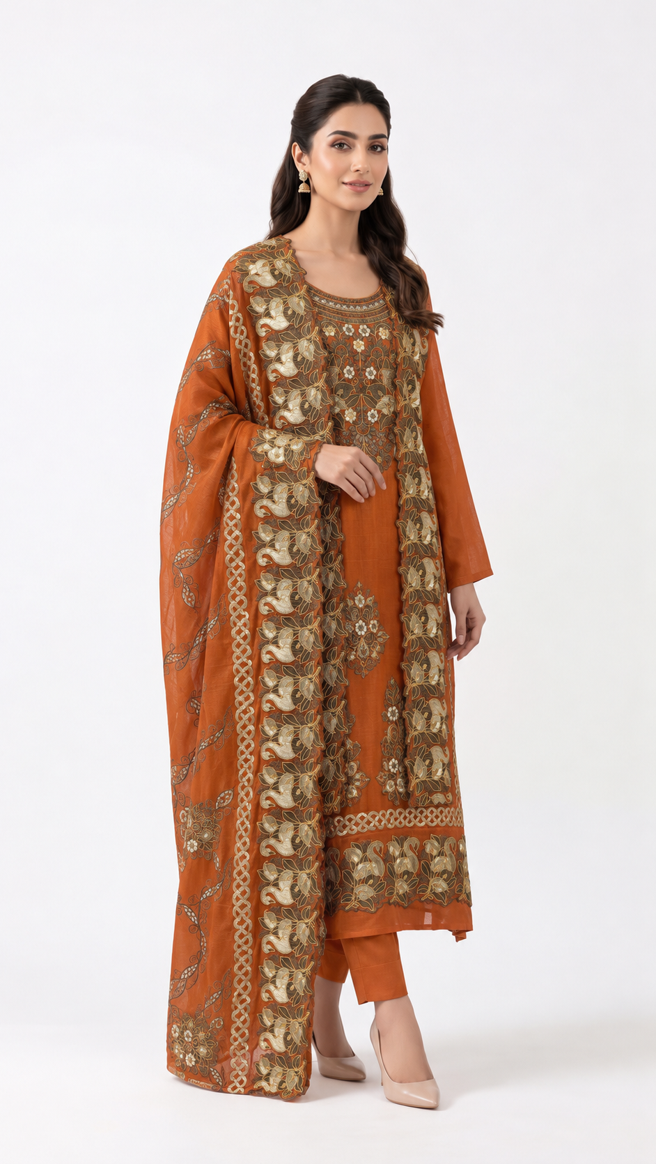 Rust Orange Peacock Embroidered Suit Set