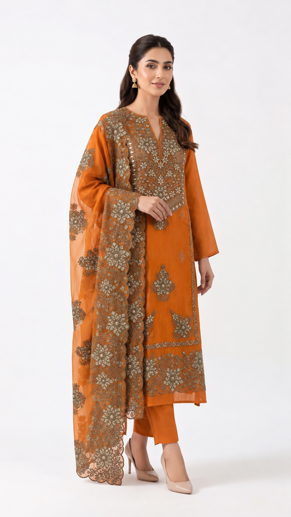 Rust Orange Floral Embroidered Suit Set