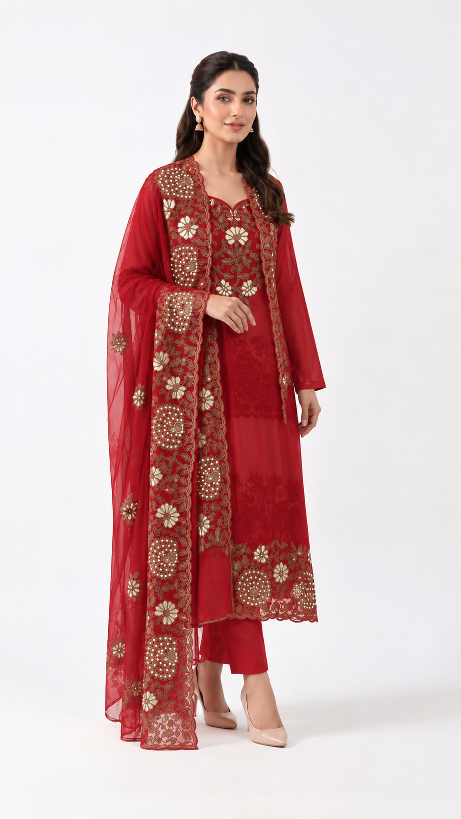 Crimson Red Floral Embroidered Suit Set