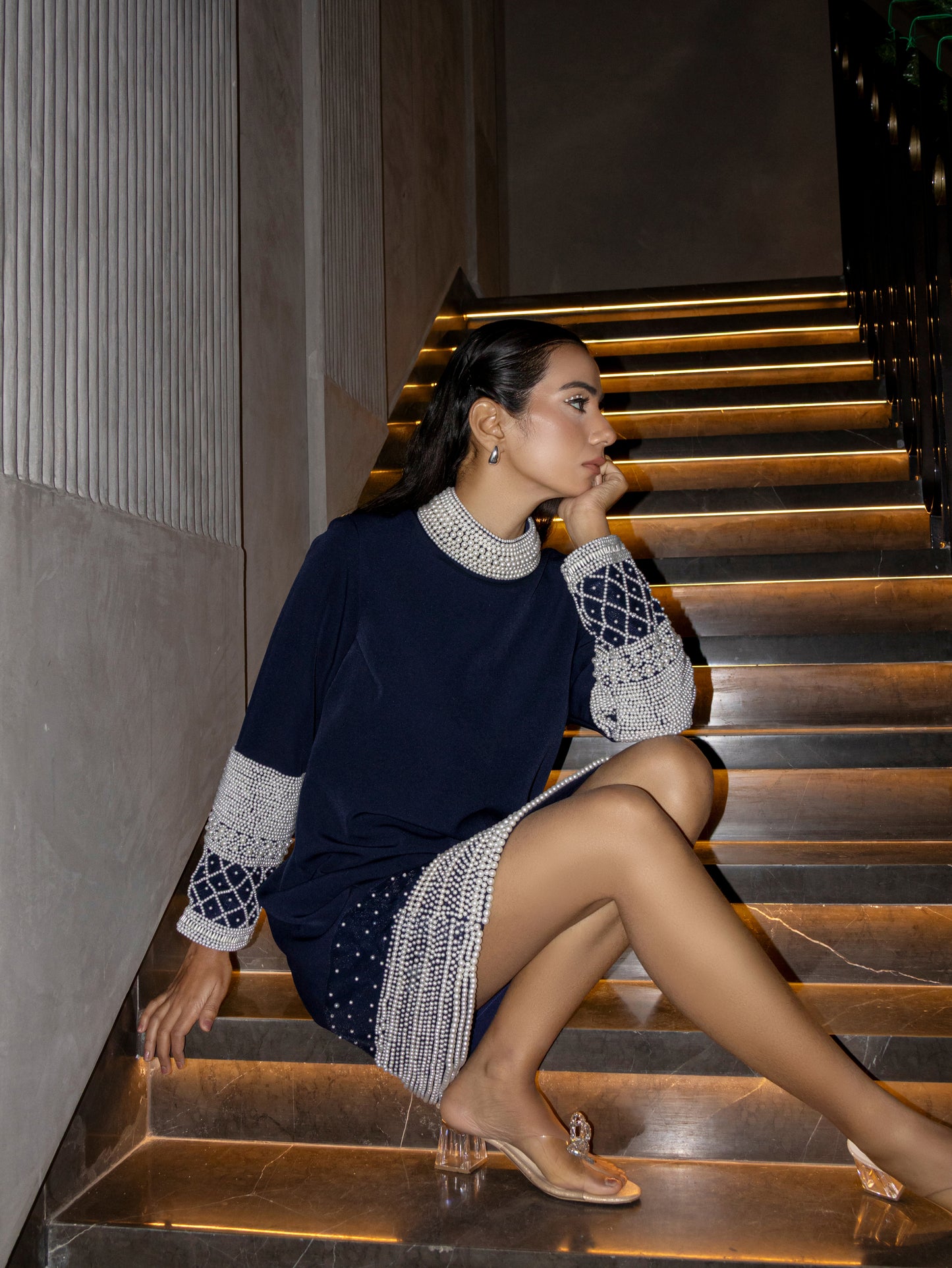 Midnight Pearl Embellished Shift Dress