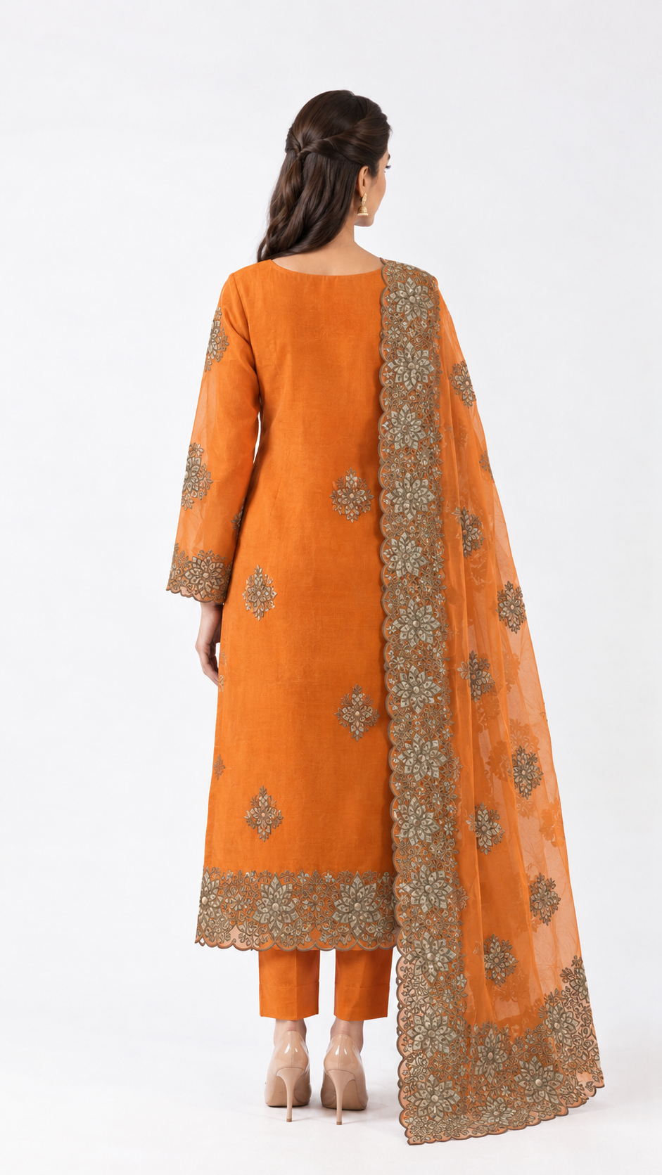 Rust Orange Floral Embroidered Suit Set