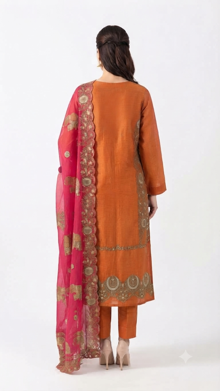 Terracotta Orange & Pink Embroidered Suit Set