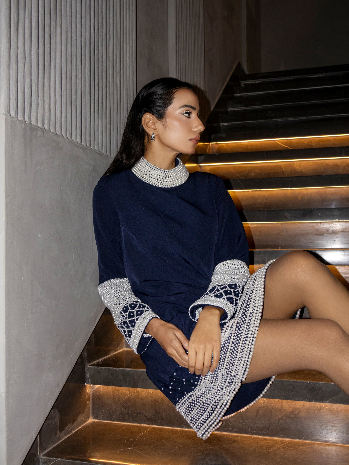 Midnight Pearl Embellished Shift Dress