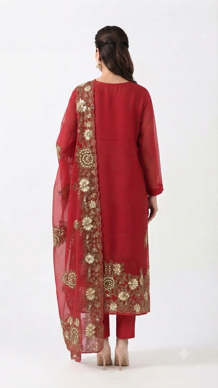 Crimson Red Floral Embroidered Suit Set