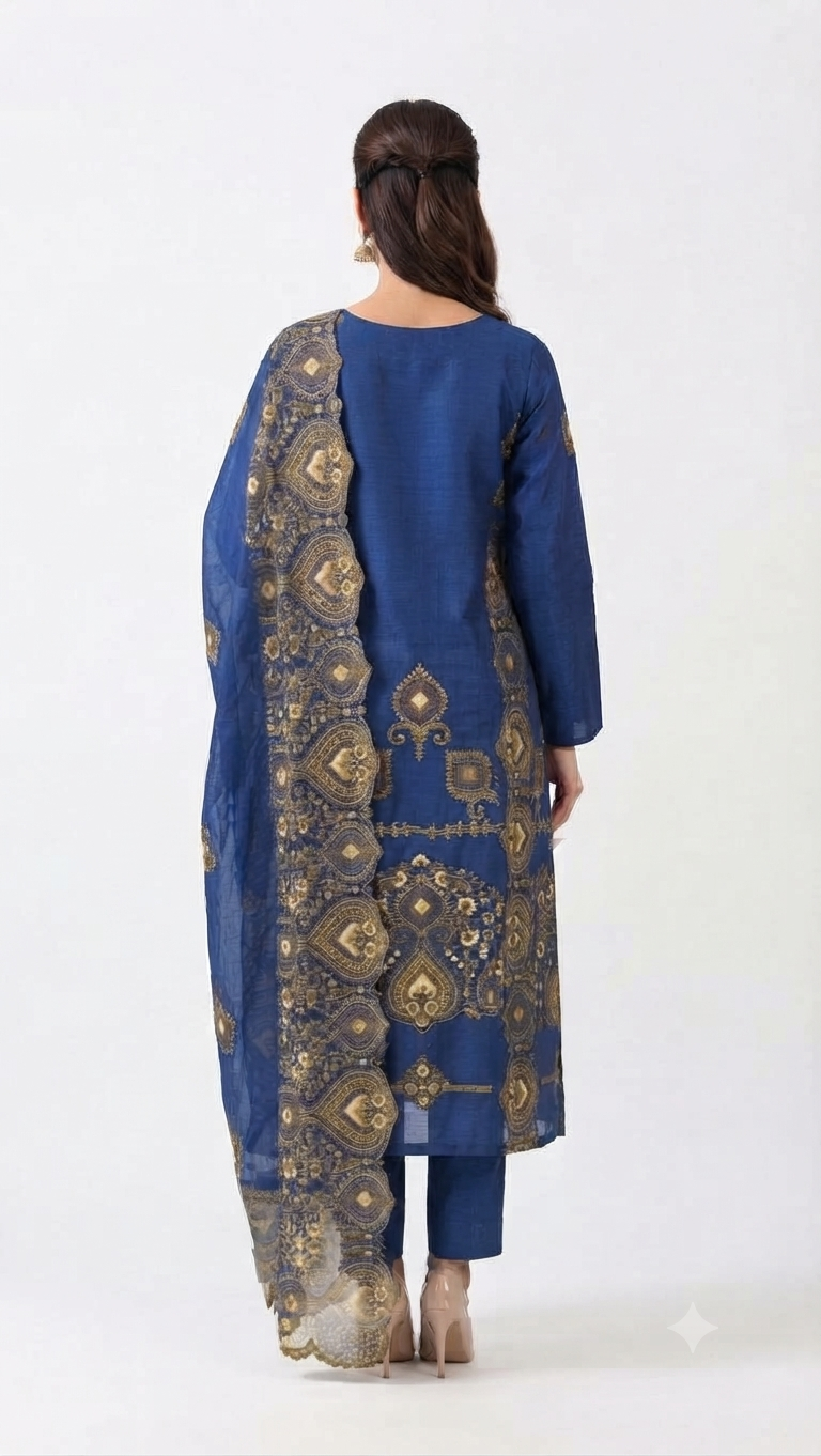 Royal Blue Embroidered Silk Suit Set