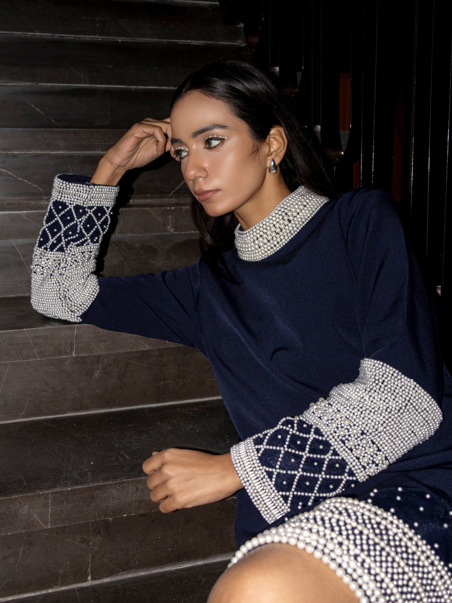 Midnight Pearl Embellished Shift Dress