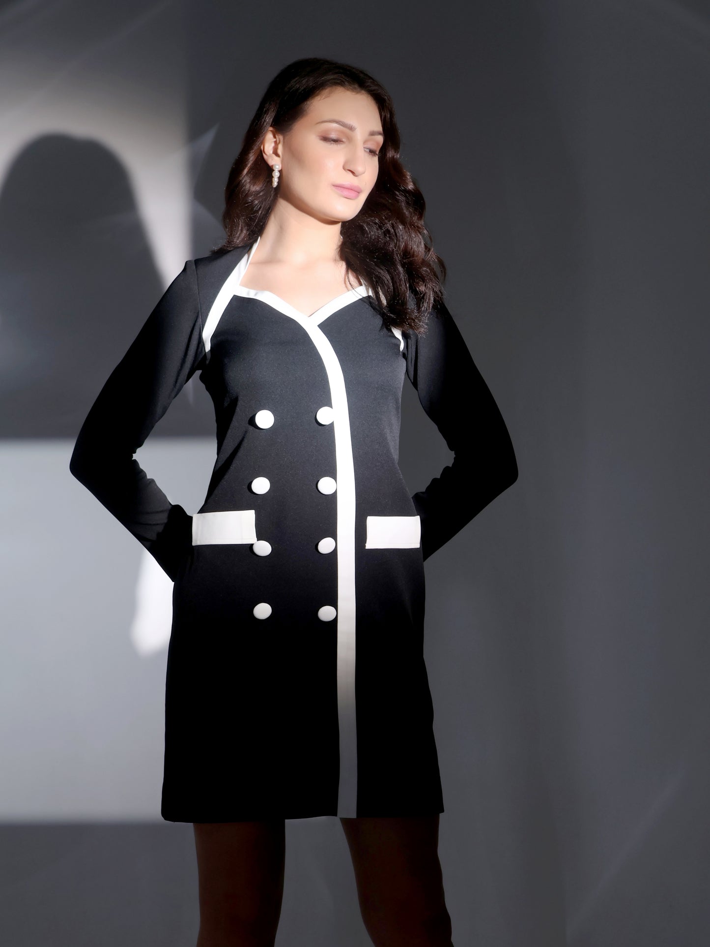 Black Full-Sleeve Dress with White Buttons and Pockets