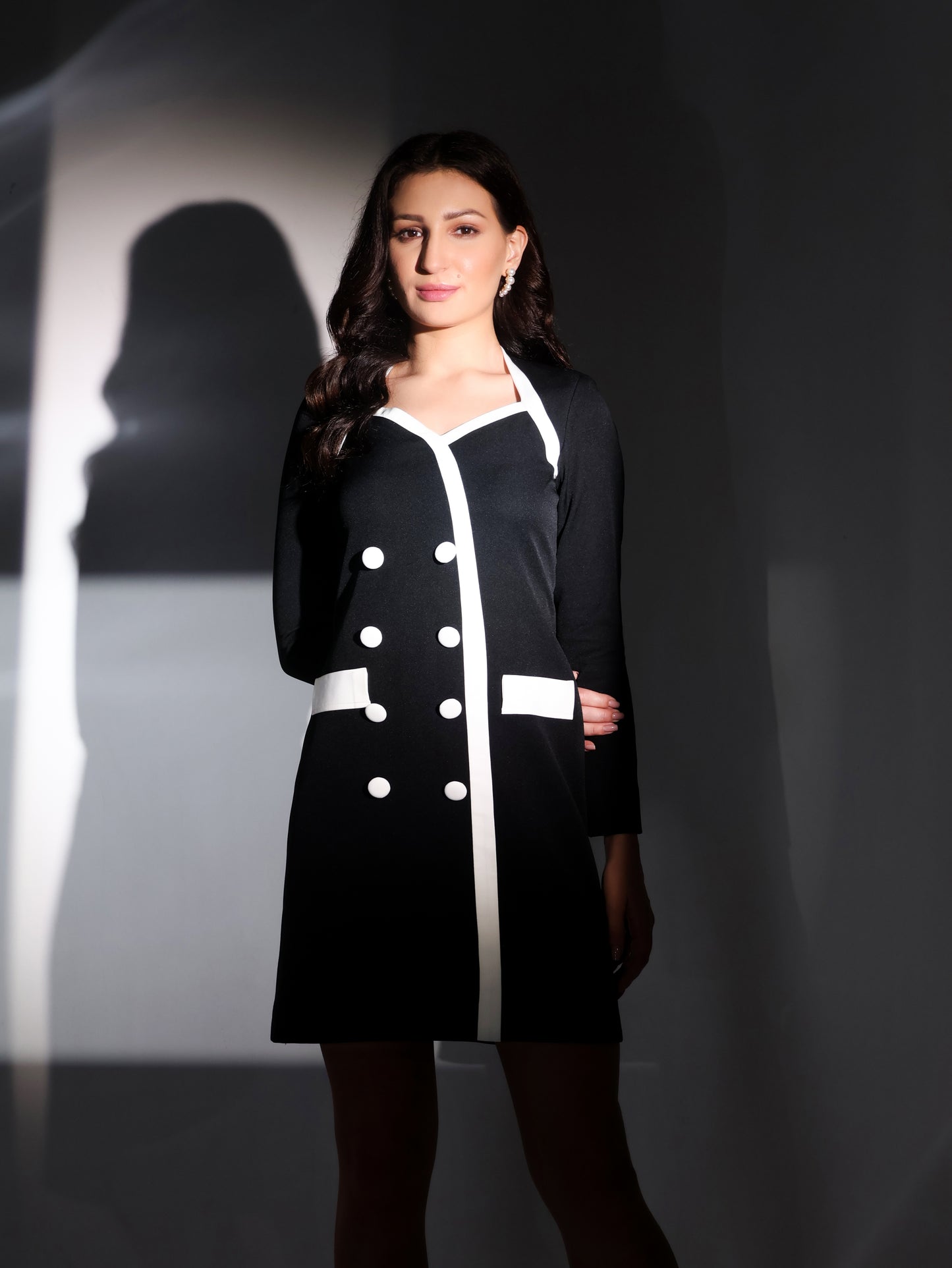 Black Full-Sleeve Dress with White Buttons and Pockets