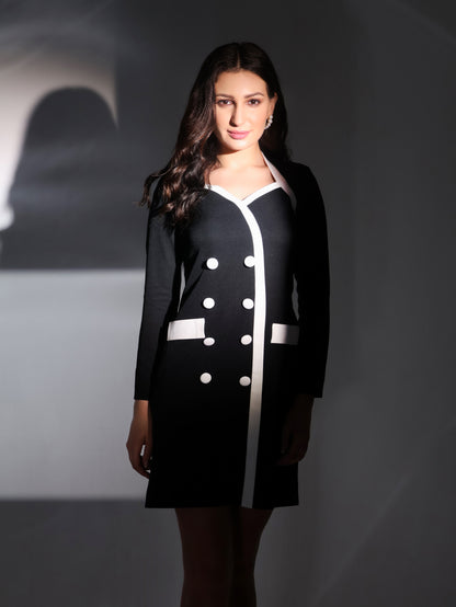 Black Full-Sleeve Dress with White Buttons and Pockets