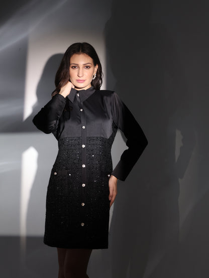 Noir Luxe Contrast Shirt Dress
