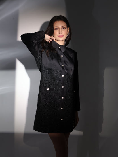 Noir Luxe Contrast Shirt Dress