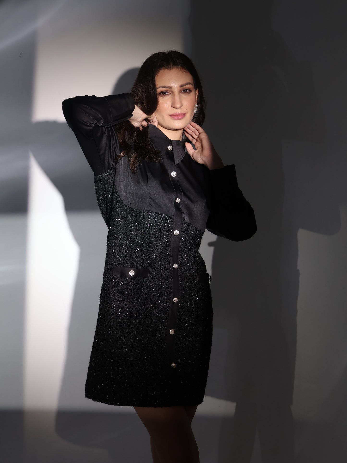 Noir Luxe Contrast Shirt Dress