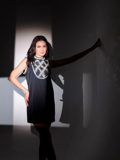 Black Sleeveless Dress with Stonework Detailing