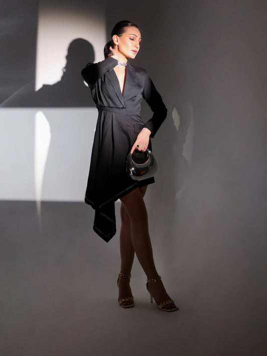 Plain Black Coat Dress with One-Side Long Drape and Silver Lining