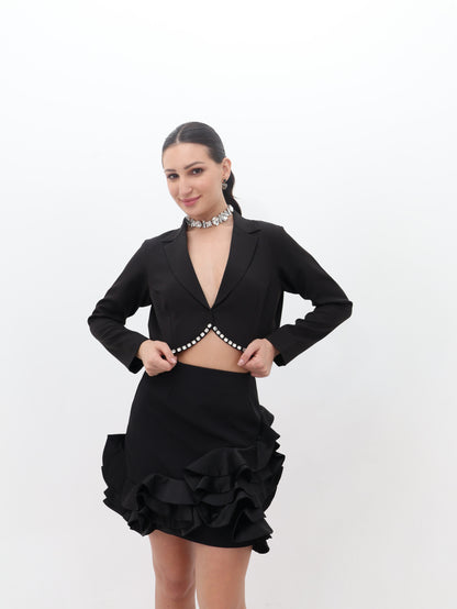 Midnight Swirl Black Ruffle Hem Mini Skirt