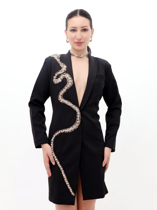 Black Coat Dress with Snake Stonework