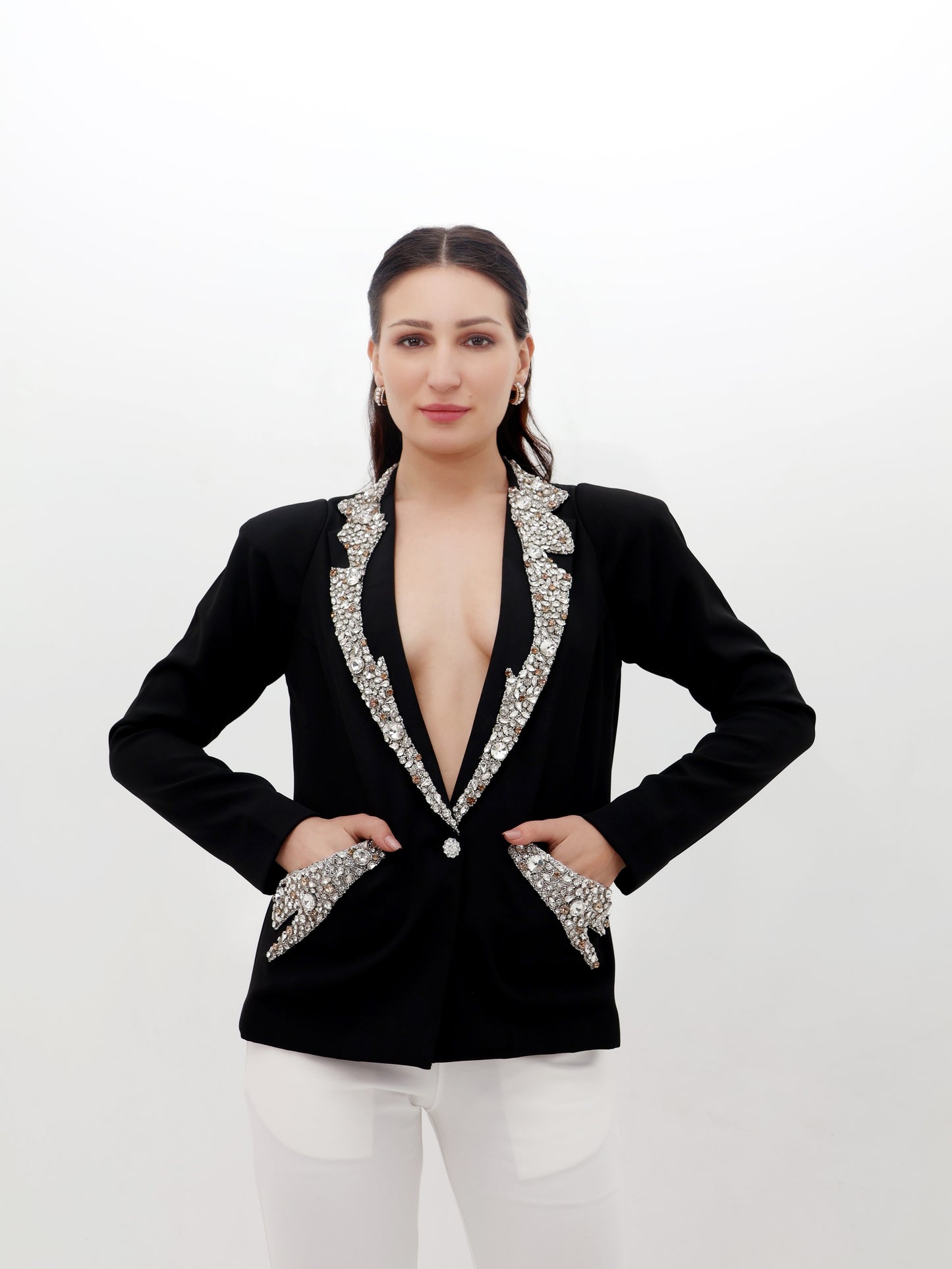 Black Deep Coat with Pearl Detailing