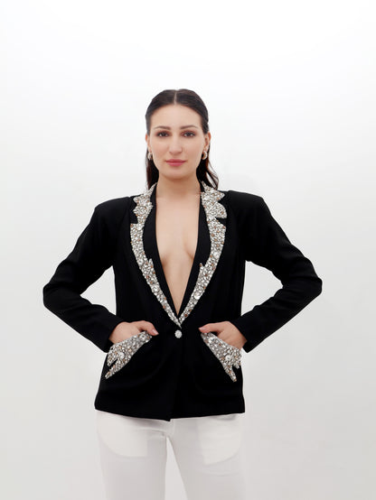 Black Deep Coat with Pearl Detailing
