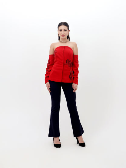 Red Full-Sleeve Off-Shoulder Top with Stonework Detailing