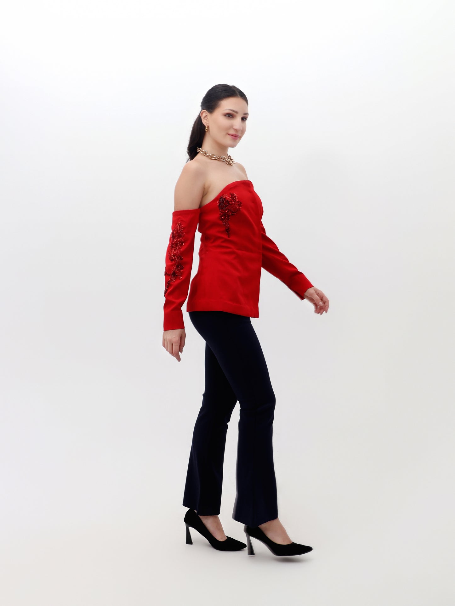 Red Full-Sleeve Off-Shoulder Top with Stonework Detailing