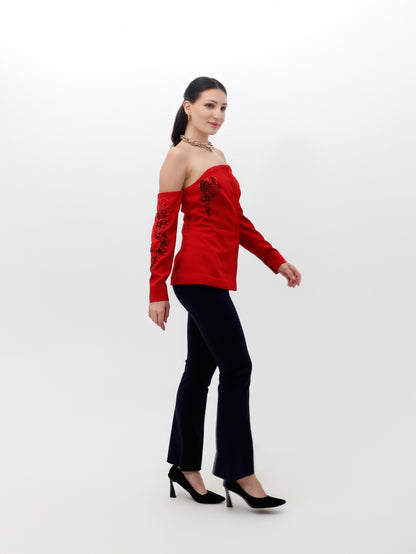 Red Full-Sleeve Off-Shoulder Top with Stonework Detailing