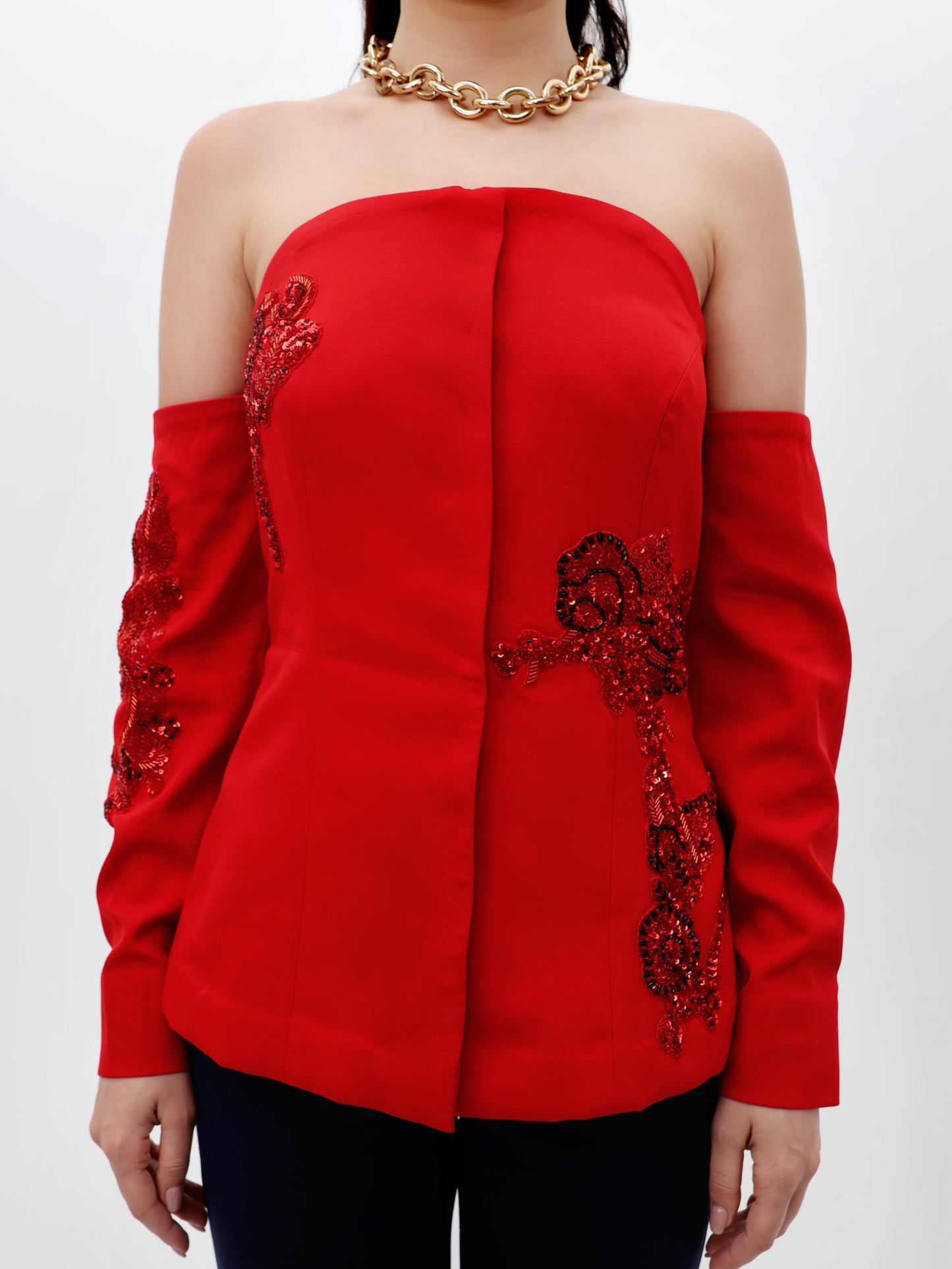 Red Full-Sleeve Off-Shoulder Top with Stonework Detailing