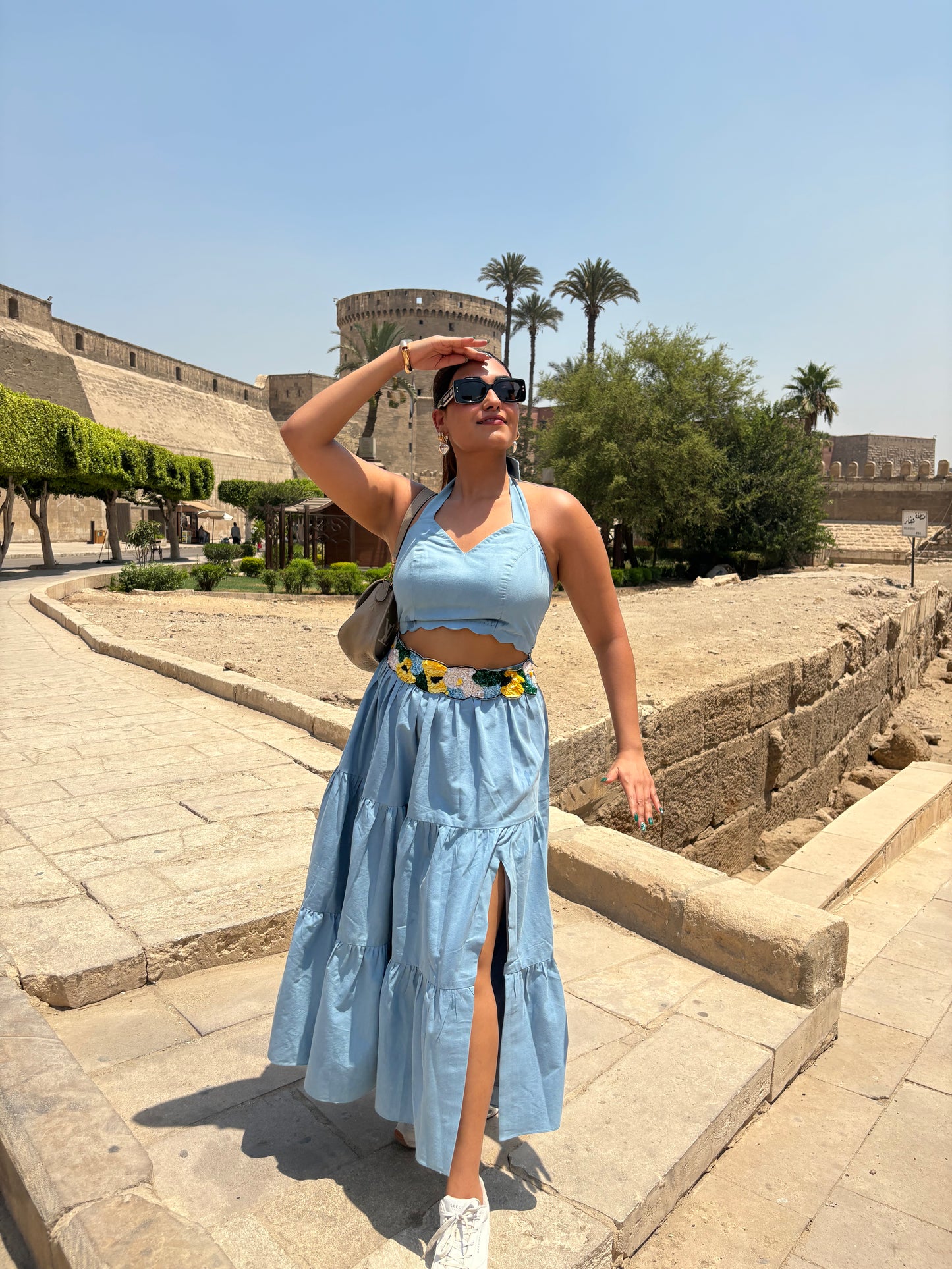 Blue Hand Embroidered Pleated Denim Set