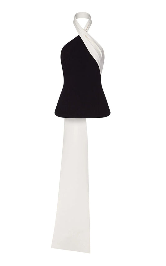 Black Halter Neck Top with Floor-Length Satin White Drape