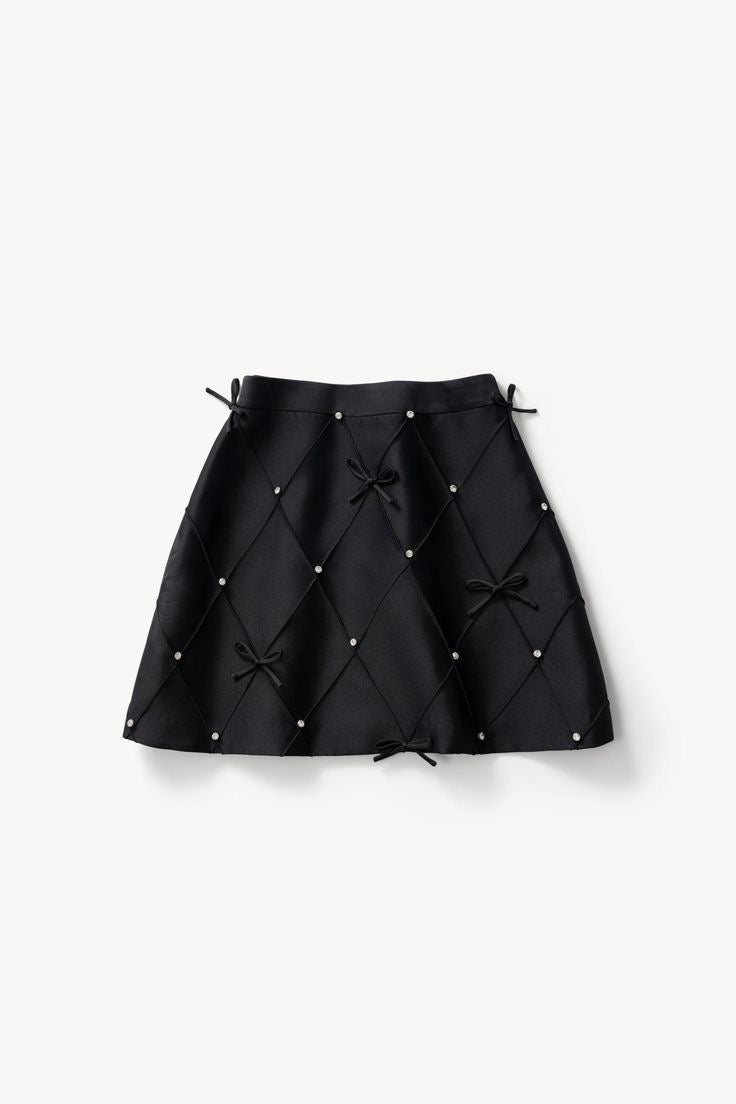 Asymmetrical Mini Skirt with Stonework and Bow Detailing