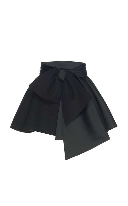 Short Black Skirt with Mixed Fabrics and Bow Detailing