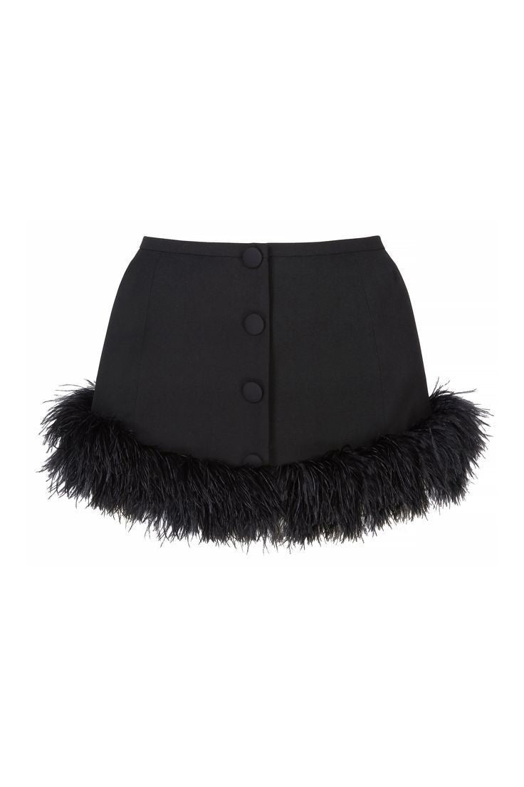 Short Black Skirt with Button Closure and Feathered Hem