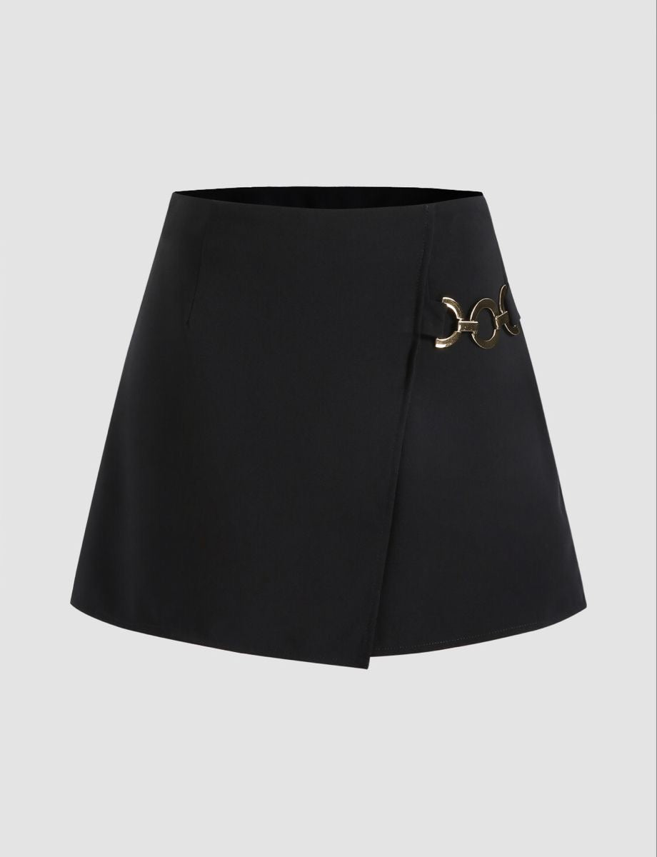 Short Black Skirt with Gold Buckle Detail